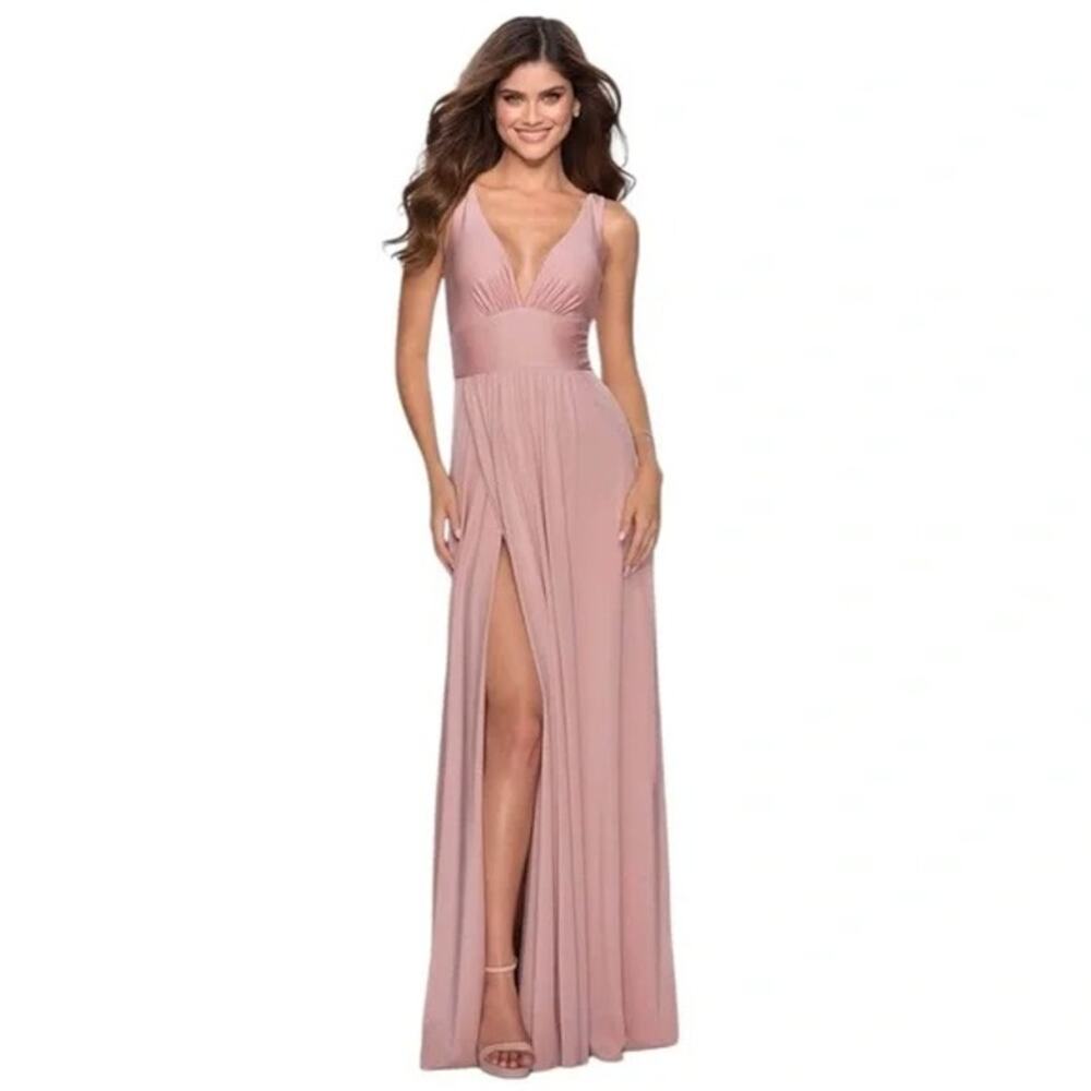 LA FEMME NWT $358 Style 28547 Mauve Plunge V Neck Satin Jersey Gown Size 6